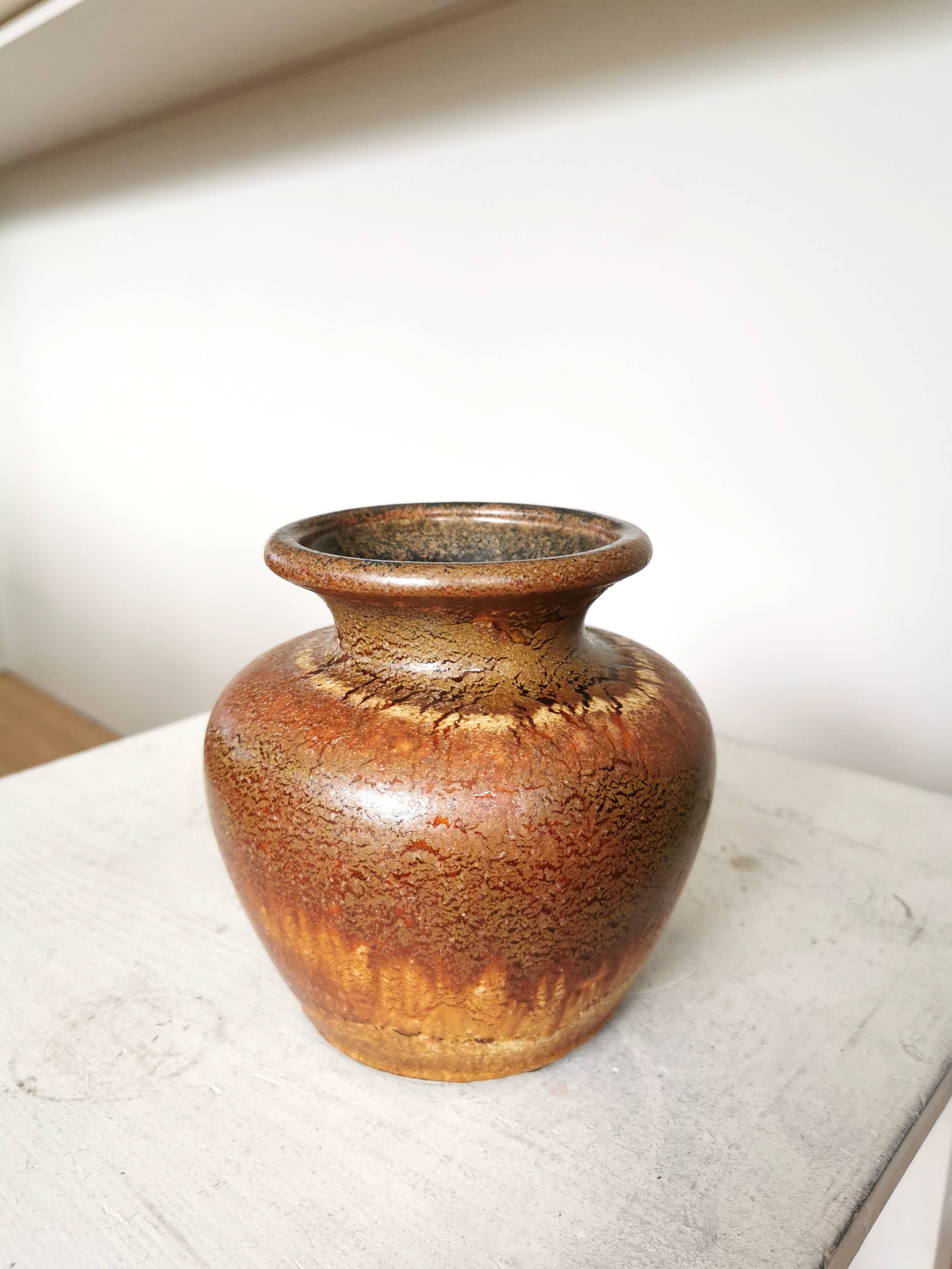 Fat Lava Pottery Vase: Vintage West Germany 202-13, Brown Drip Glaze