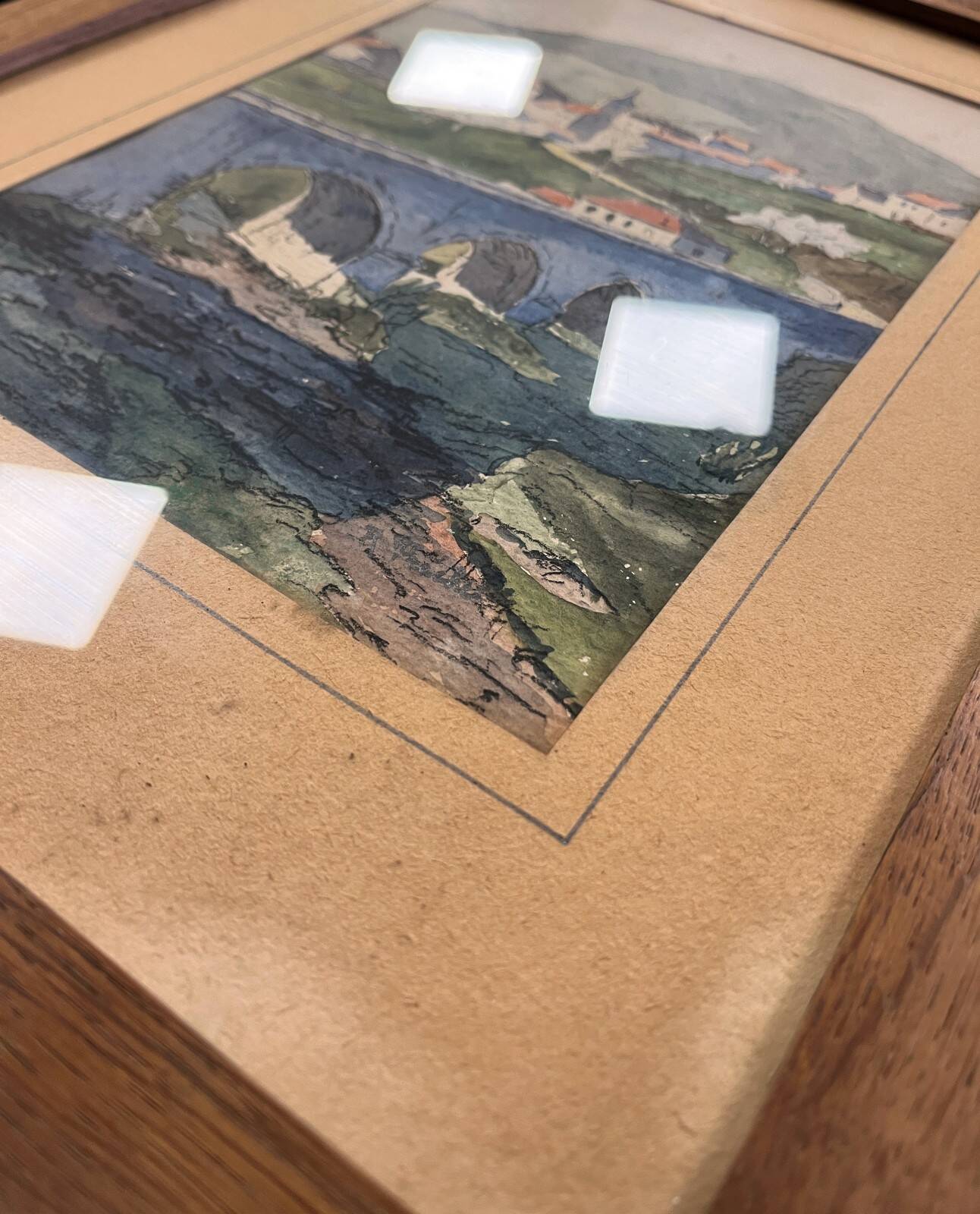 Watercolour painting of a village and aqueduct from the early 20th century, signed + frame.