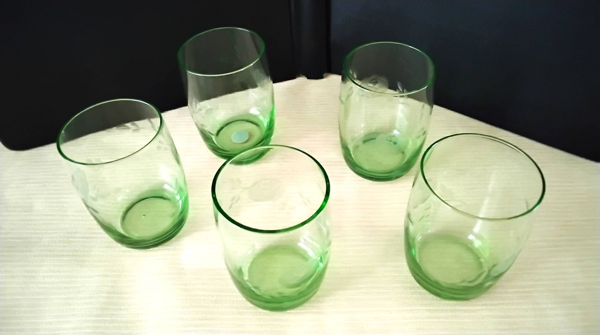 5 glass water tumblers with engraved floral design