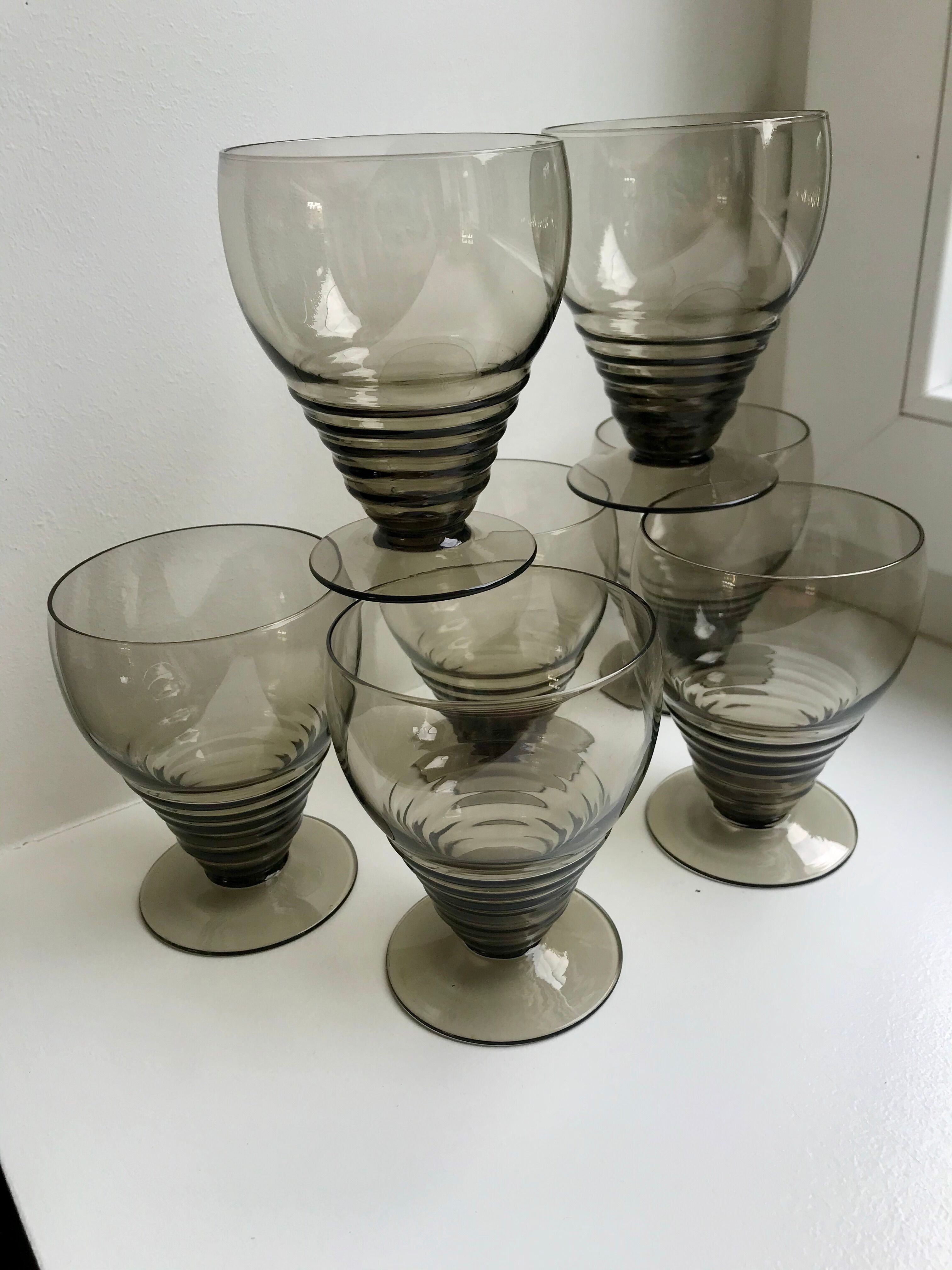 Set of 7 wine glasses  art deco smoked glass years 30-40