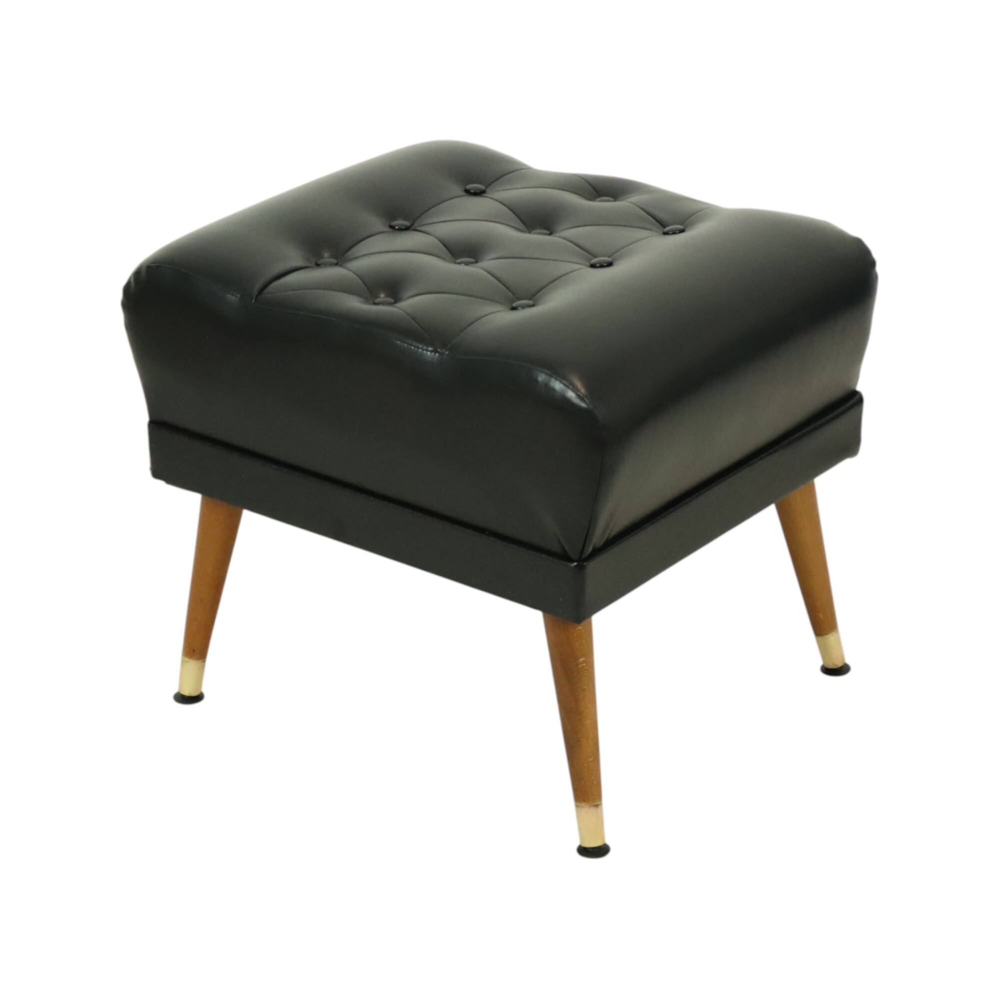 Vintage Black Pouf Conical Legs Chesterfield Style Skai