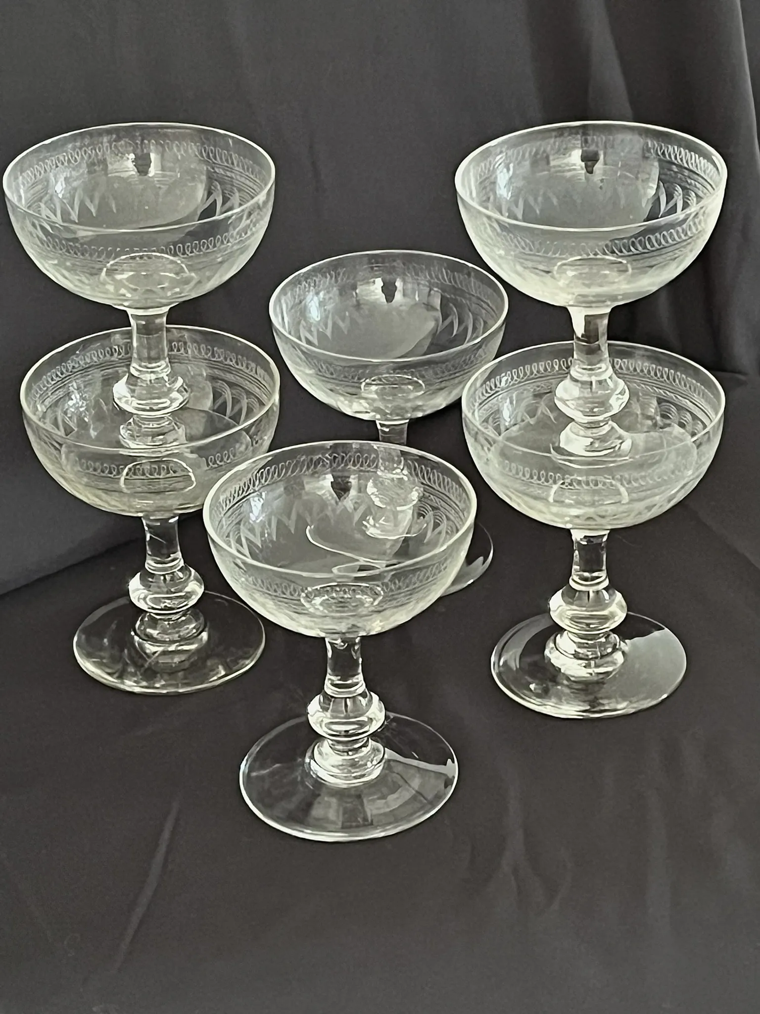Champagne Coupes – Set of 6 Antique Hand Engraved Art Deco Stemware
