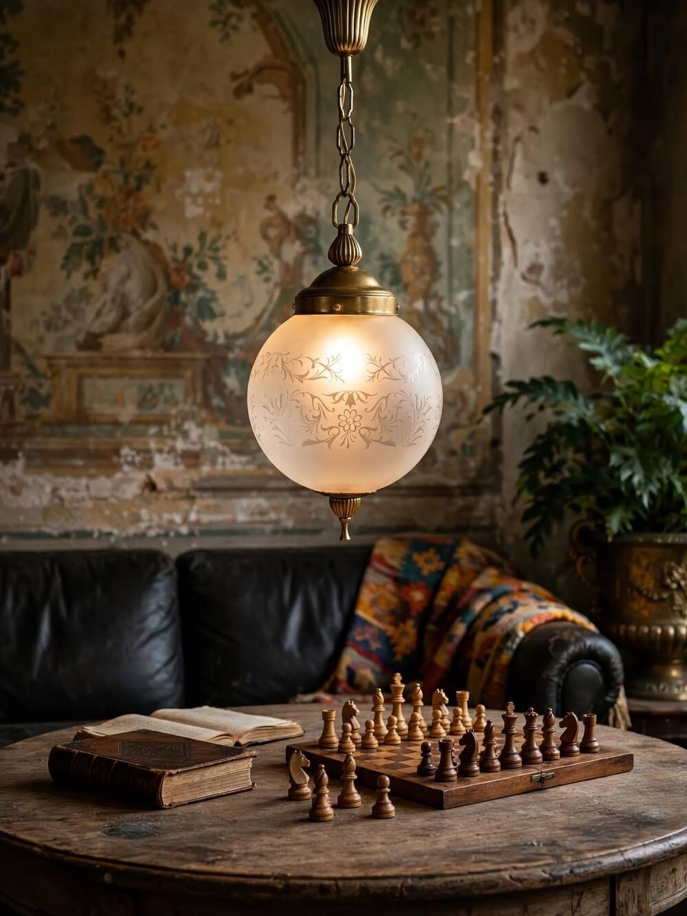 Vintage frosted glass and gold metal suspension globe, 1960s-1970s.