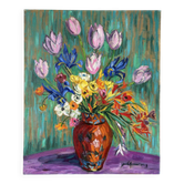 Tulips and iris, oil on canvas signed Gisèle Renaut 1978