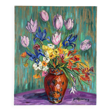 Tulips and iris, oil on canvas signed Gisèle Renaut 1978