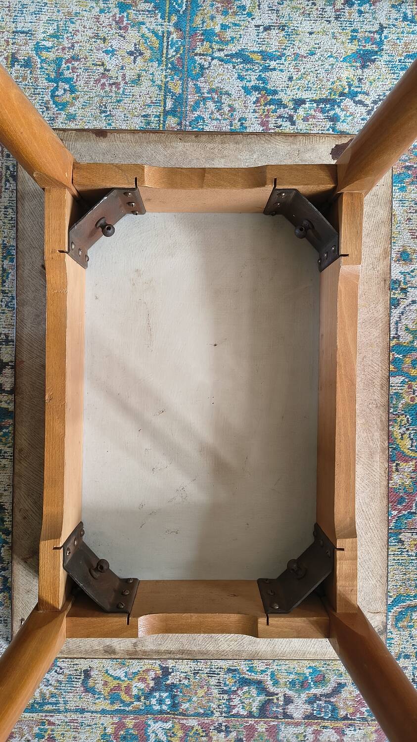 Vintage bistro table with compass legs, formica, beech, 50 x 70.