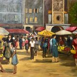 1960s French Oil Village Scene – Large Provençal Marketplein – Original Vin