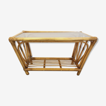 Vintage coffee table in smoked glass and rattan from the 70s