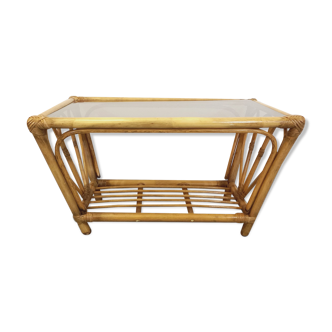 Vintage coffee table in smoked glass and rattan from the 70s