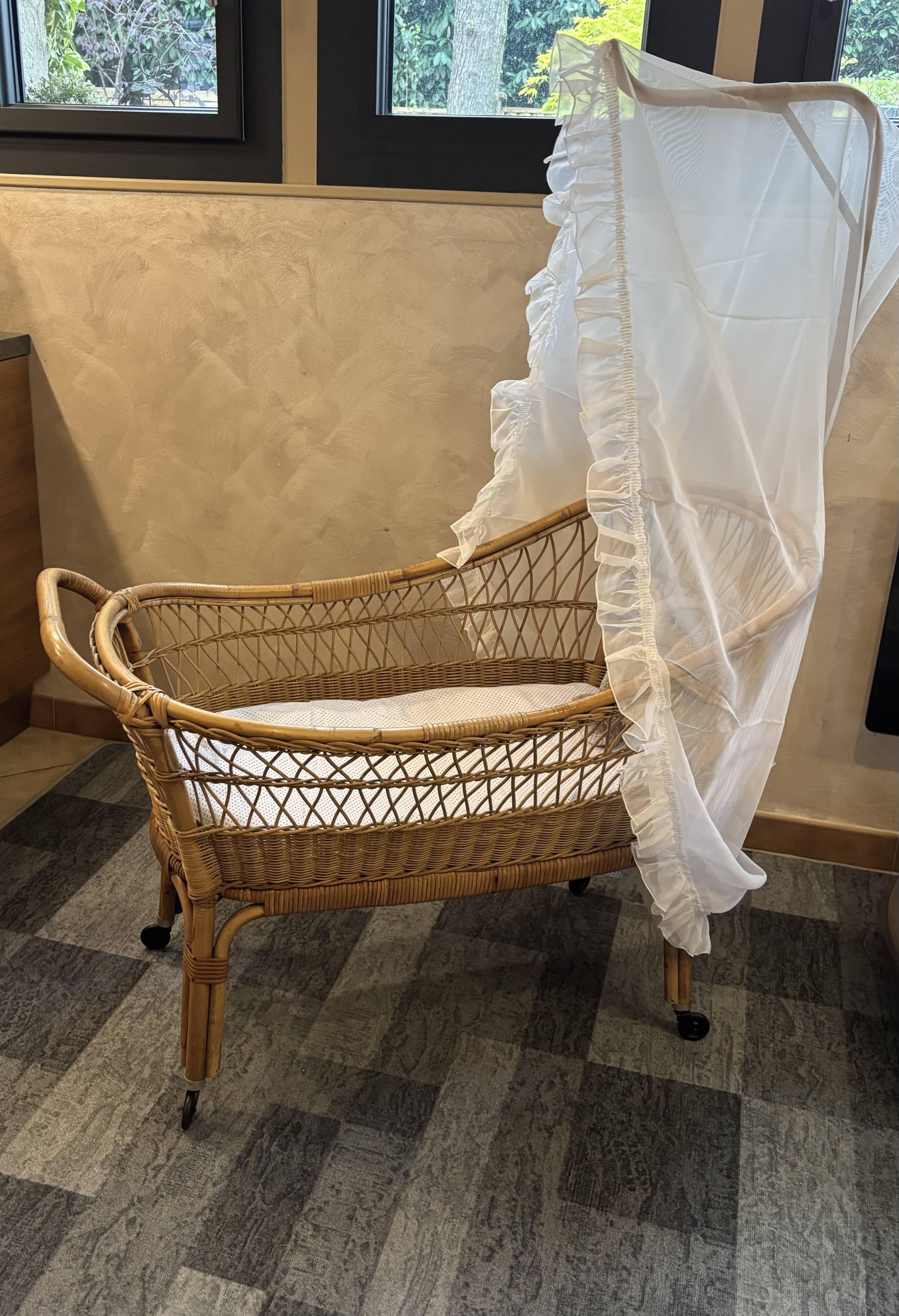 Baby rattan cradle, 1960s