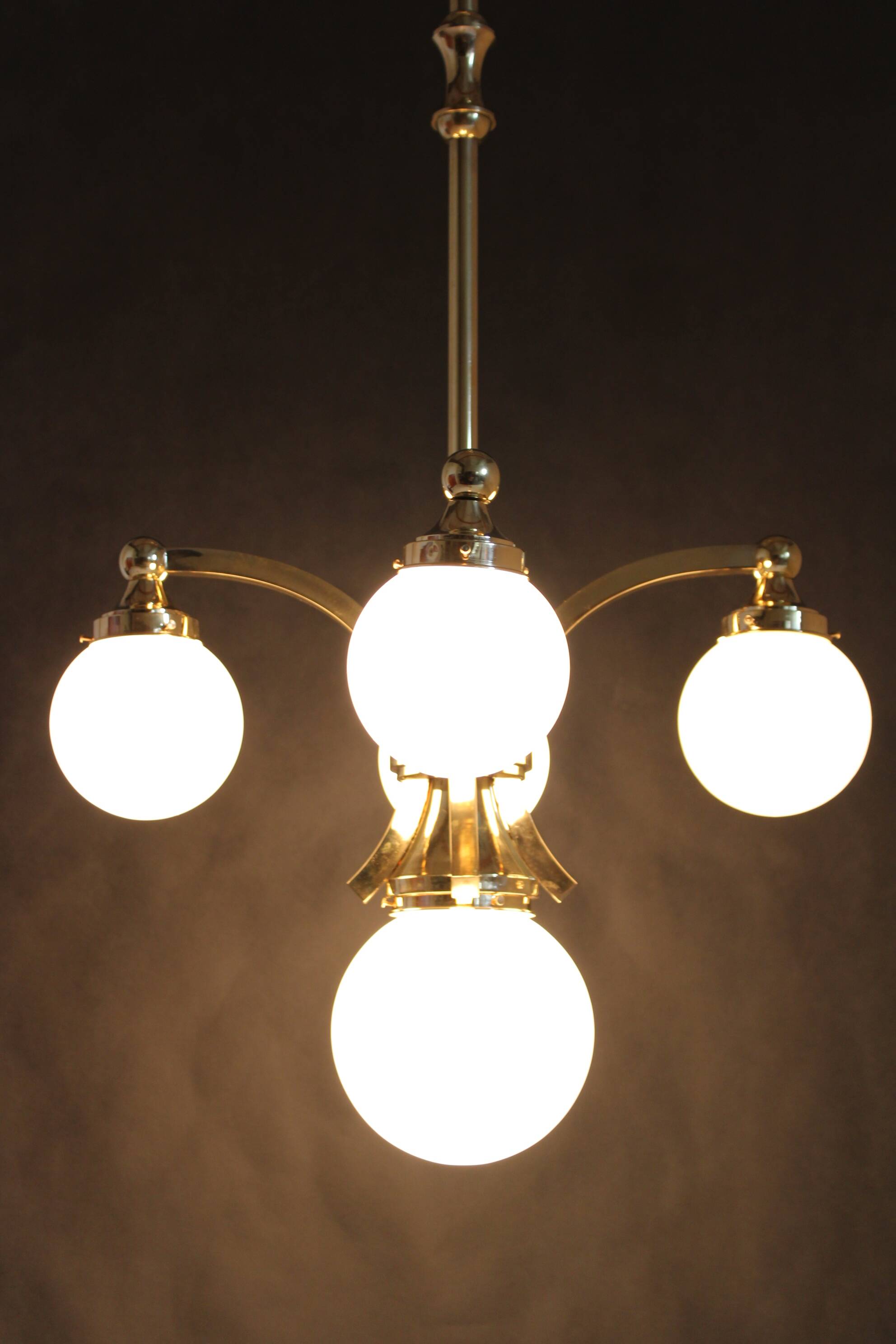 1930s Restored Brass Chandelier, Czechoslovakia