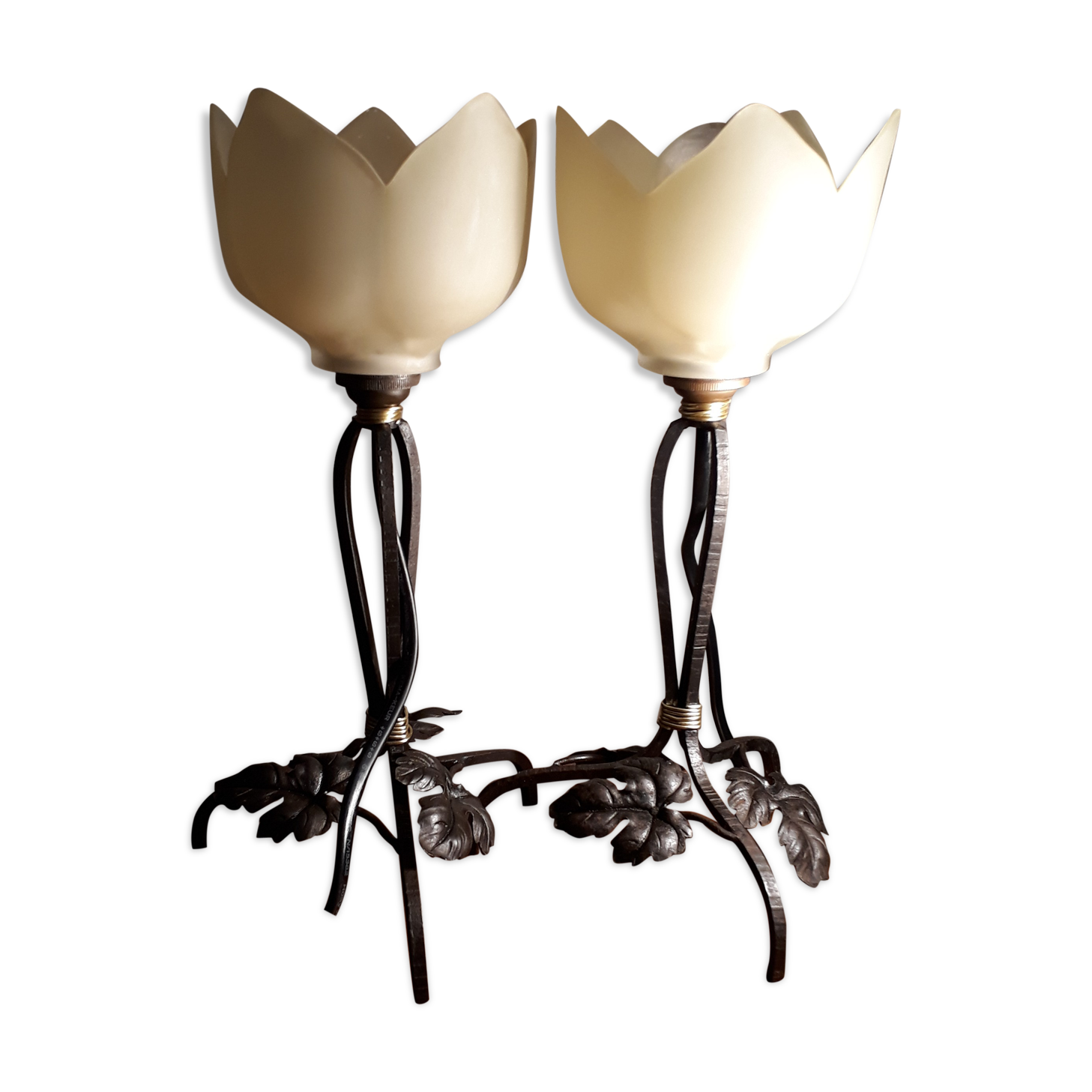Duo de lampes fer forge et tulipe 1920/30