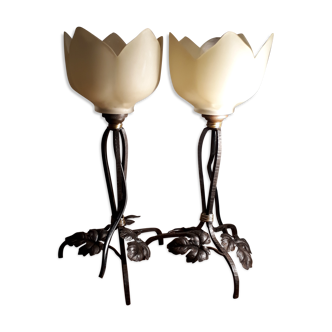 Duo de lampes fer forge et tulipe 1920/30