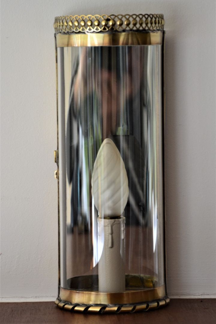vintage mirror wall lamp, domed glass and golden brass