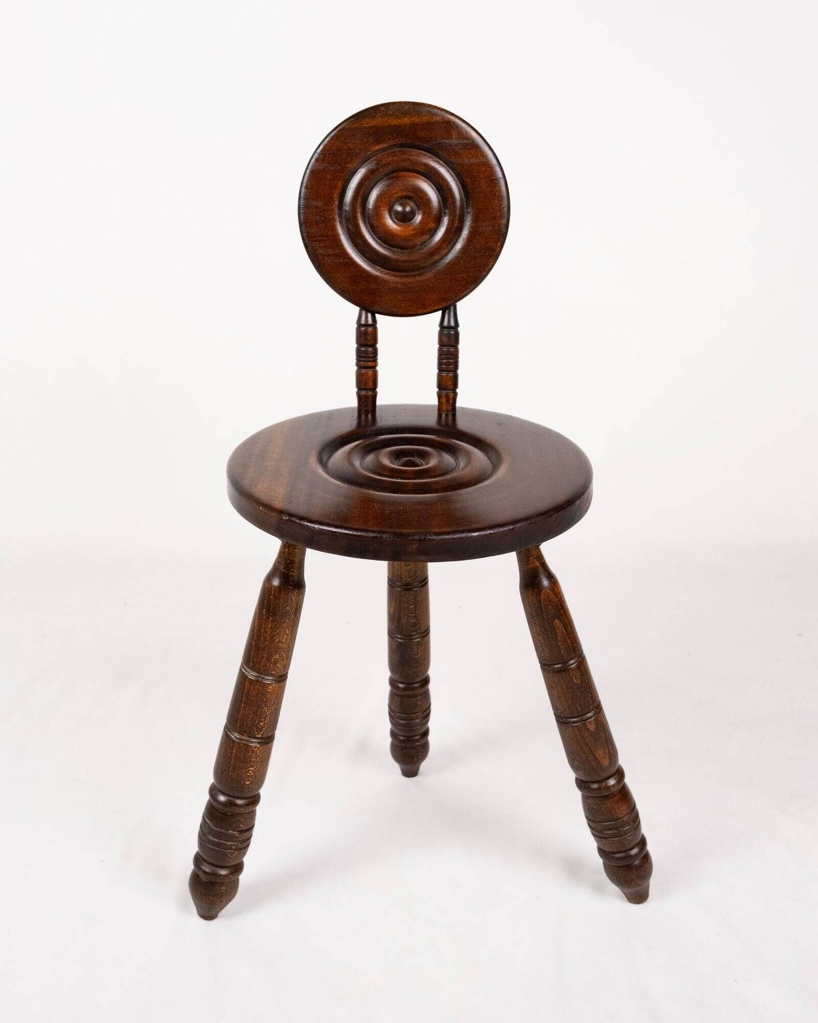 Low chair and turned wooden stool, Dudouyt style, France, 1940s