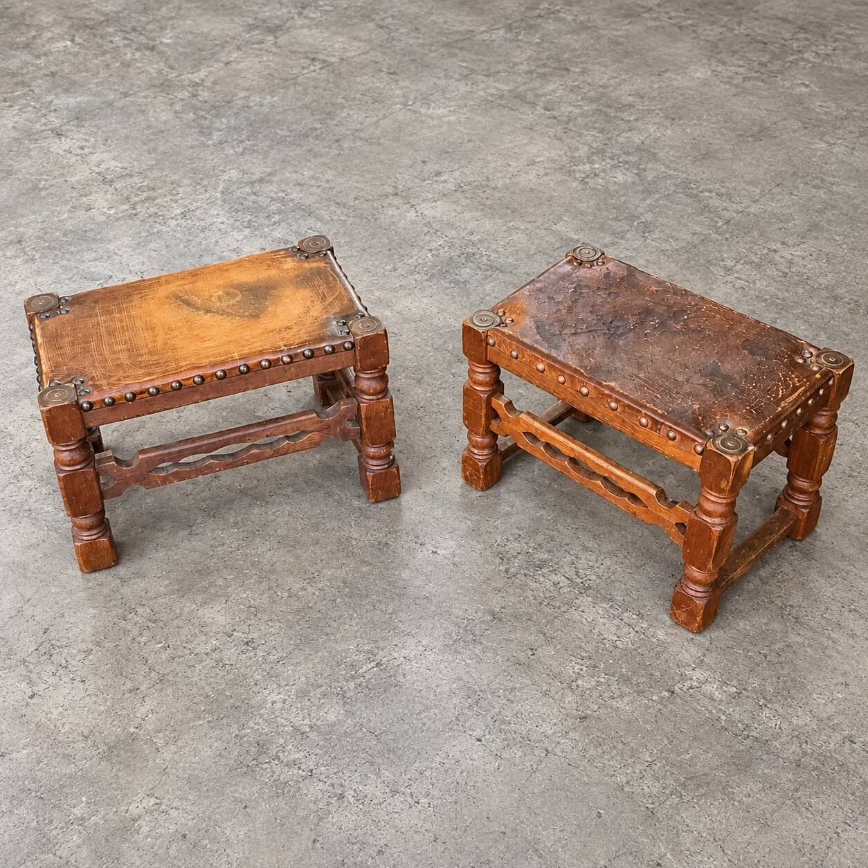 2 x Spanish footstool / wood leather / medieval-style / 1920s
