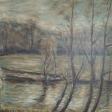 Tableau peinture bois étang signé B Rothmann