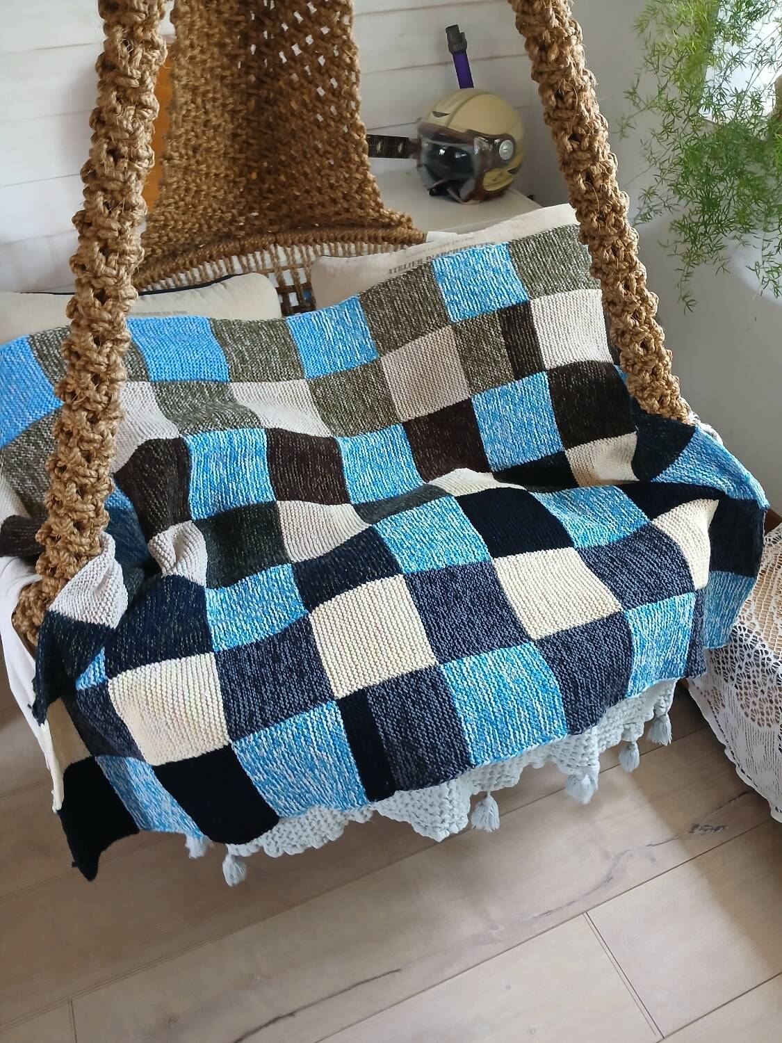 Hand knitted patchwork plaid