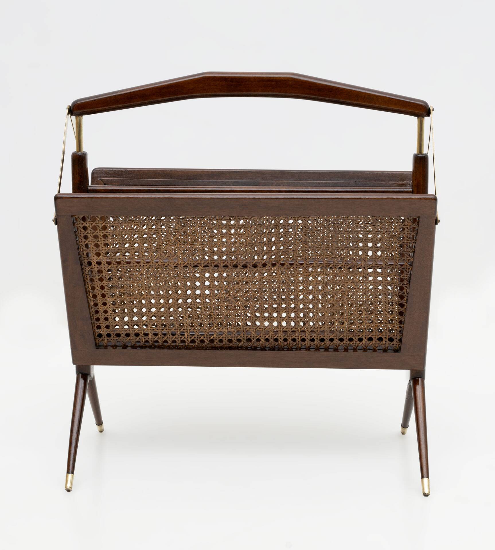 Cesare Lacca Mid-Century Modern Italian Wicker and Brass Magazine Rack, 50