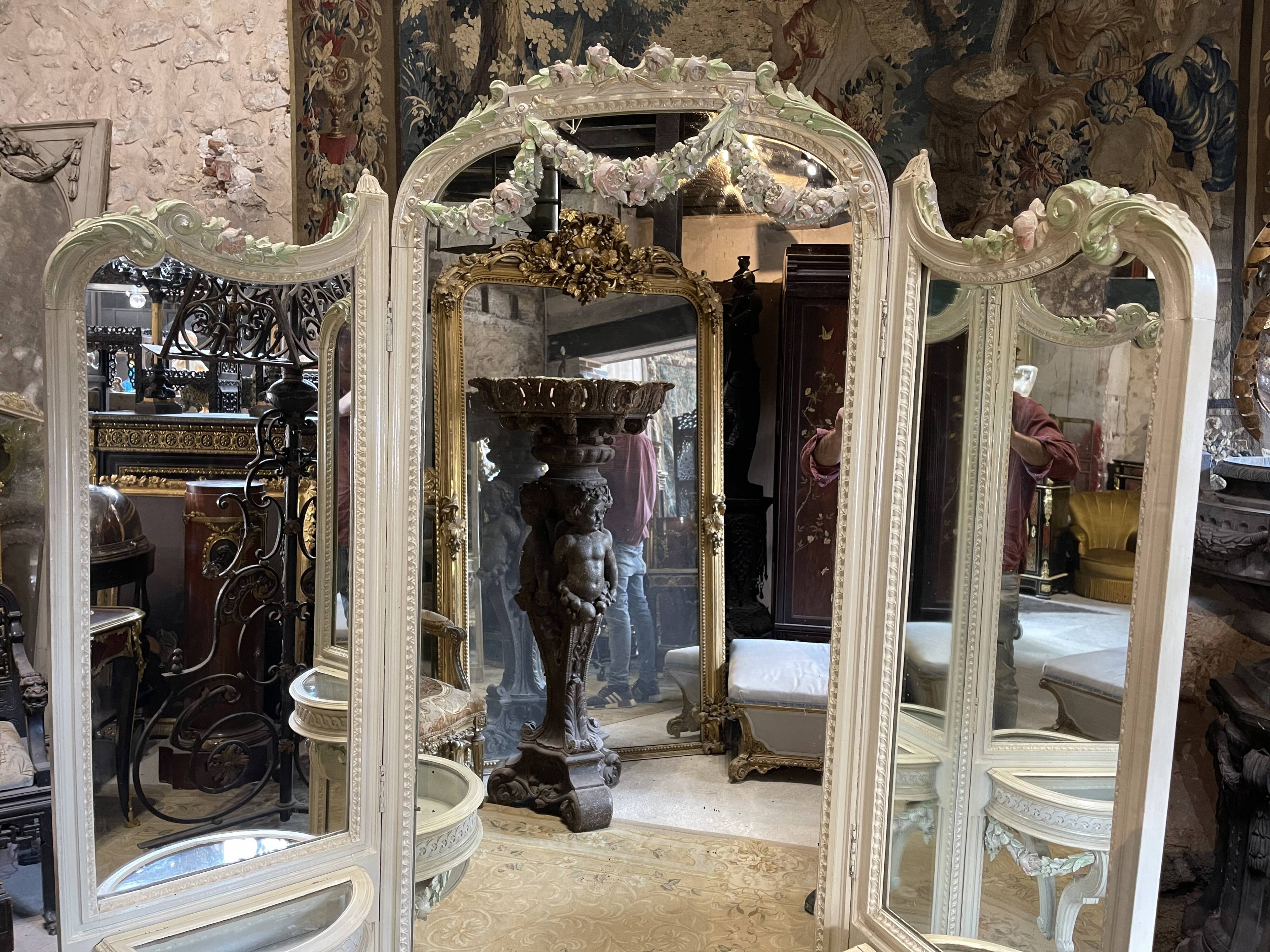 Mirror triptych style Louis XVI wooden rechampie cream XIX th century