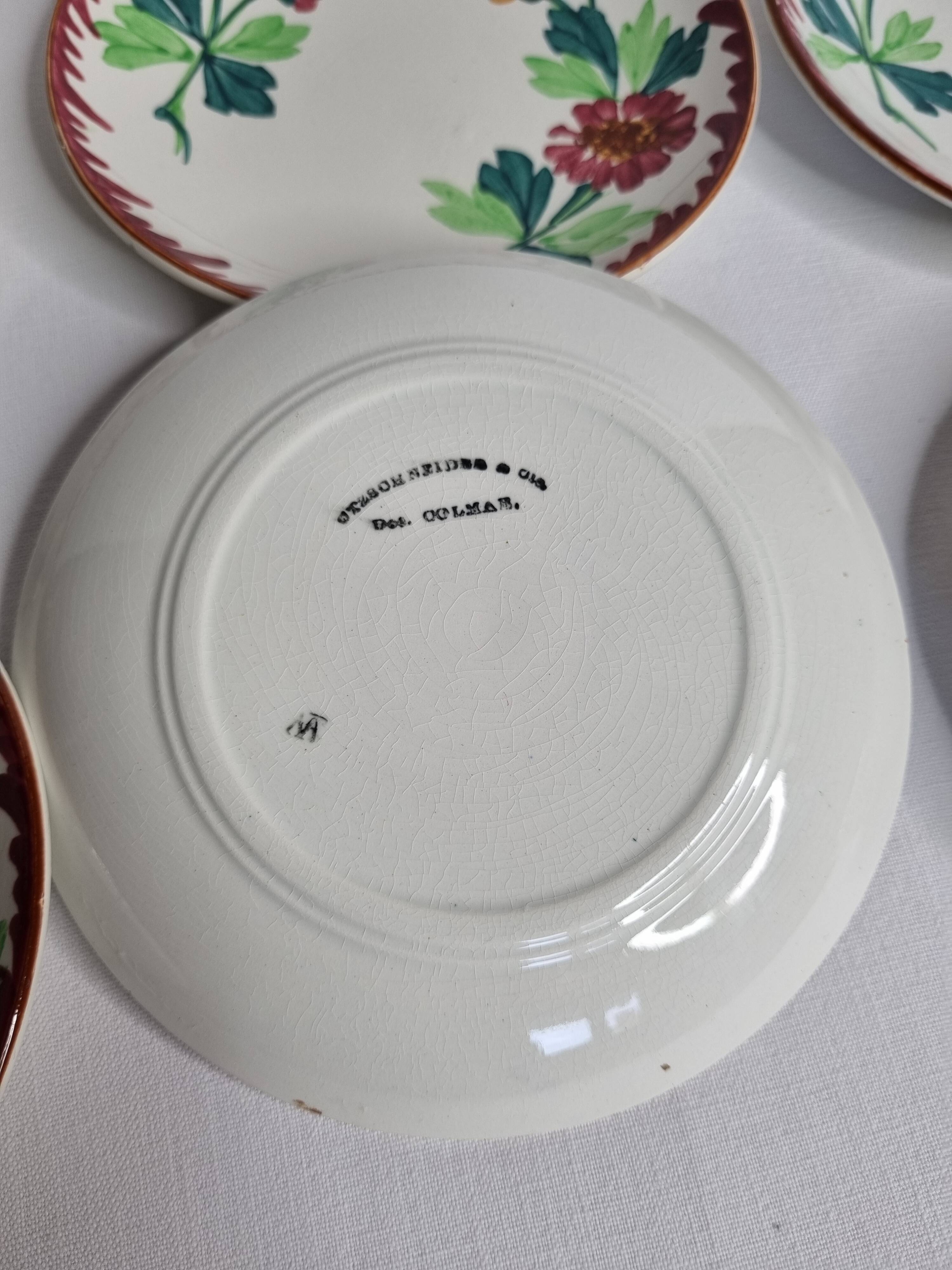 Set of 6 old Sarreguemines earthenware dessert plates, Colmar decor, 1920