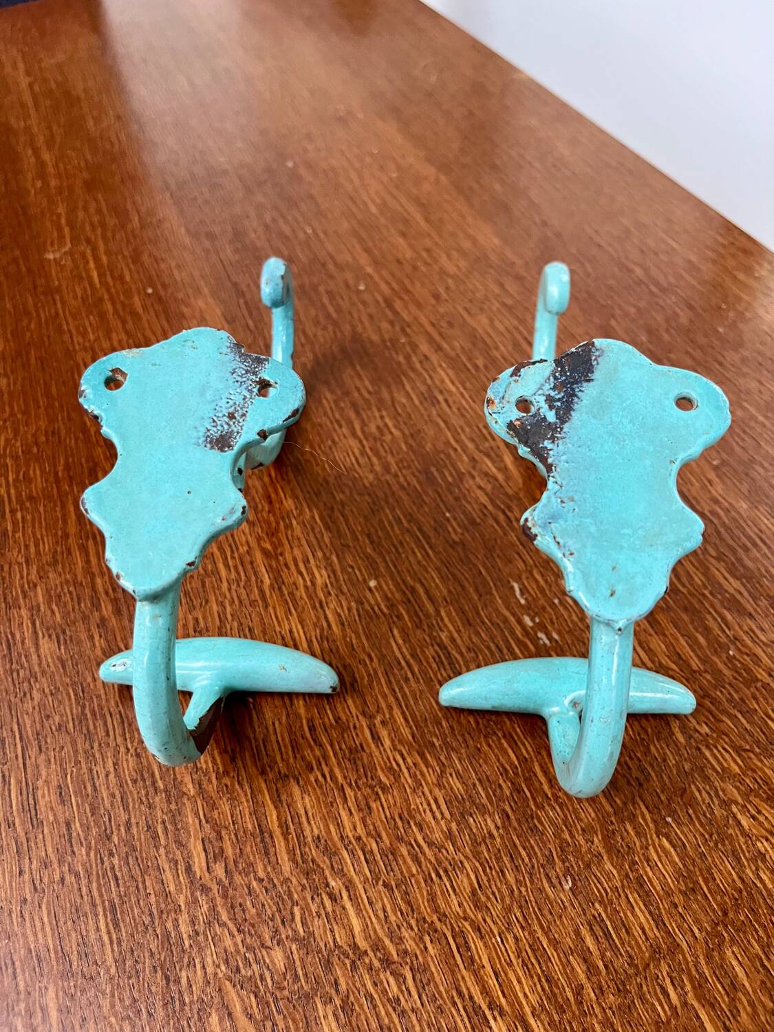 Pair of painted metal wall hooks