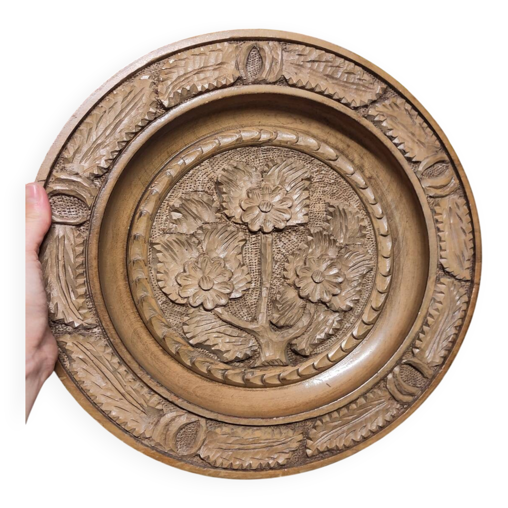 Round carved wooden dish