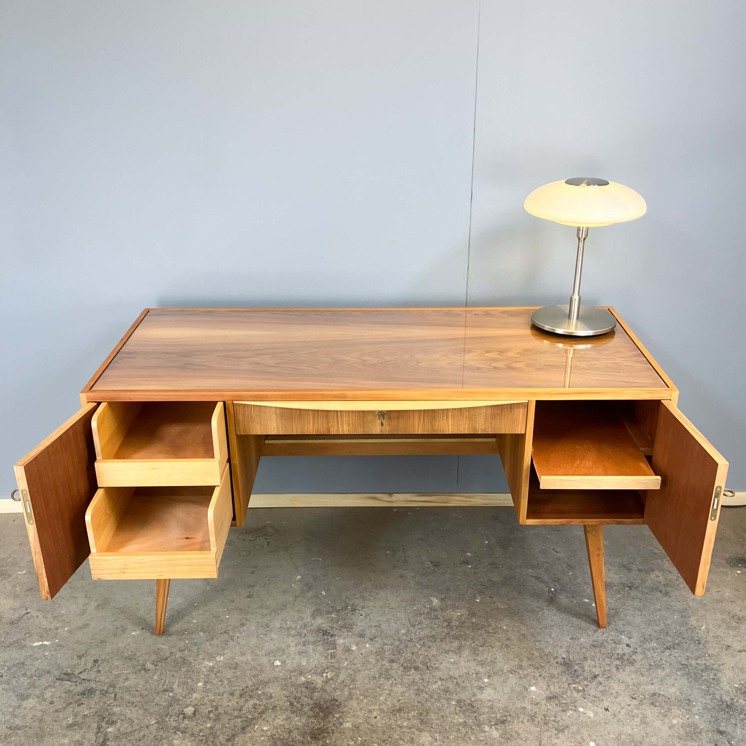 Desk with glass top, walnut, 1950s