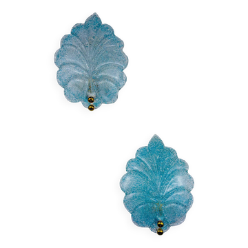Pair of Barovier & Toso leaf-shaped wall sconces, light blue Murano glass, Italy, 1960s