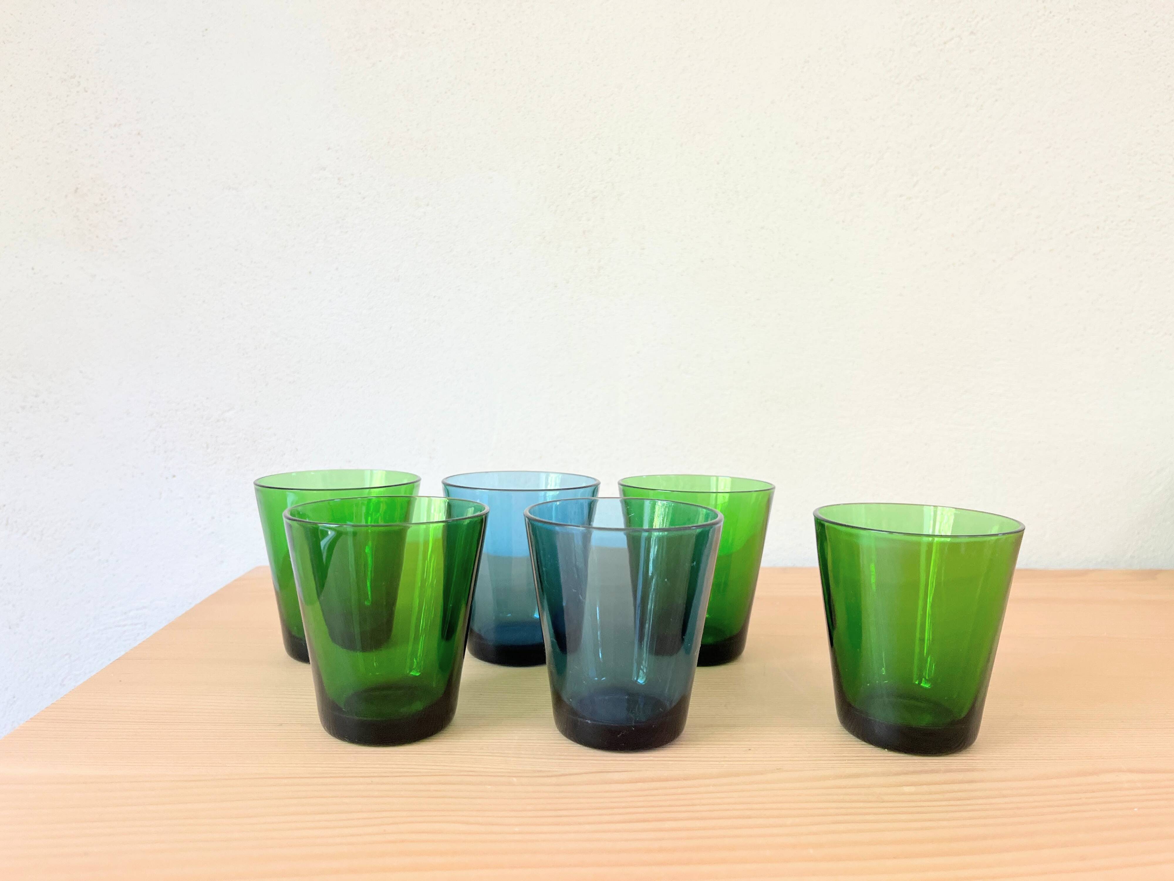 6 verres Vereco verts et bleus Vintage