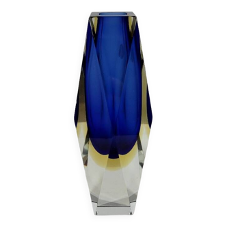Murano flavio poli soliflore en verre bleu et jaune