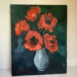 Large painting of a bouquet of flowers, oil on canvas, signed.