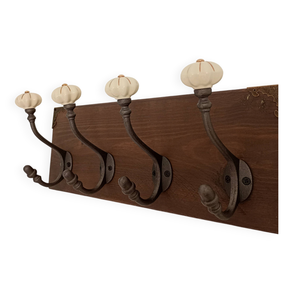 Porte manteau mural bois crochet fonte et céramique - fait main