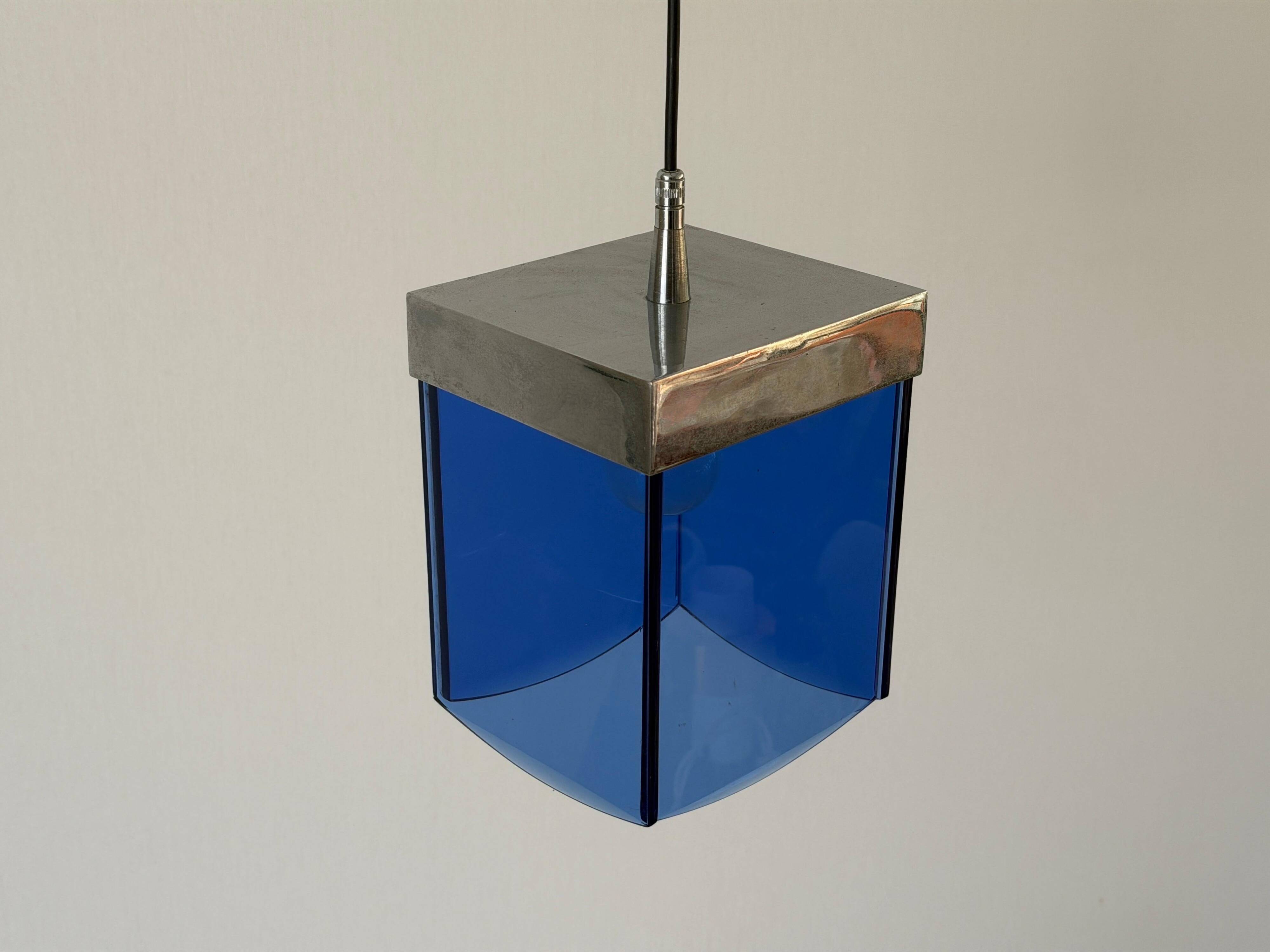 Art Deco ceiling light in blue glass and chrome, 1950s, Italy