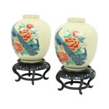 Pair of Japanese Vases Peacocks Flowers Crackle Ceramic 26cm