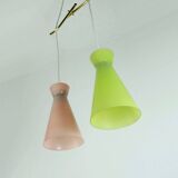 1950s mid century 2-light mid century pendant light glass shades and brass