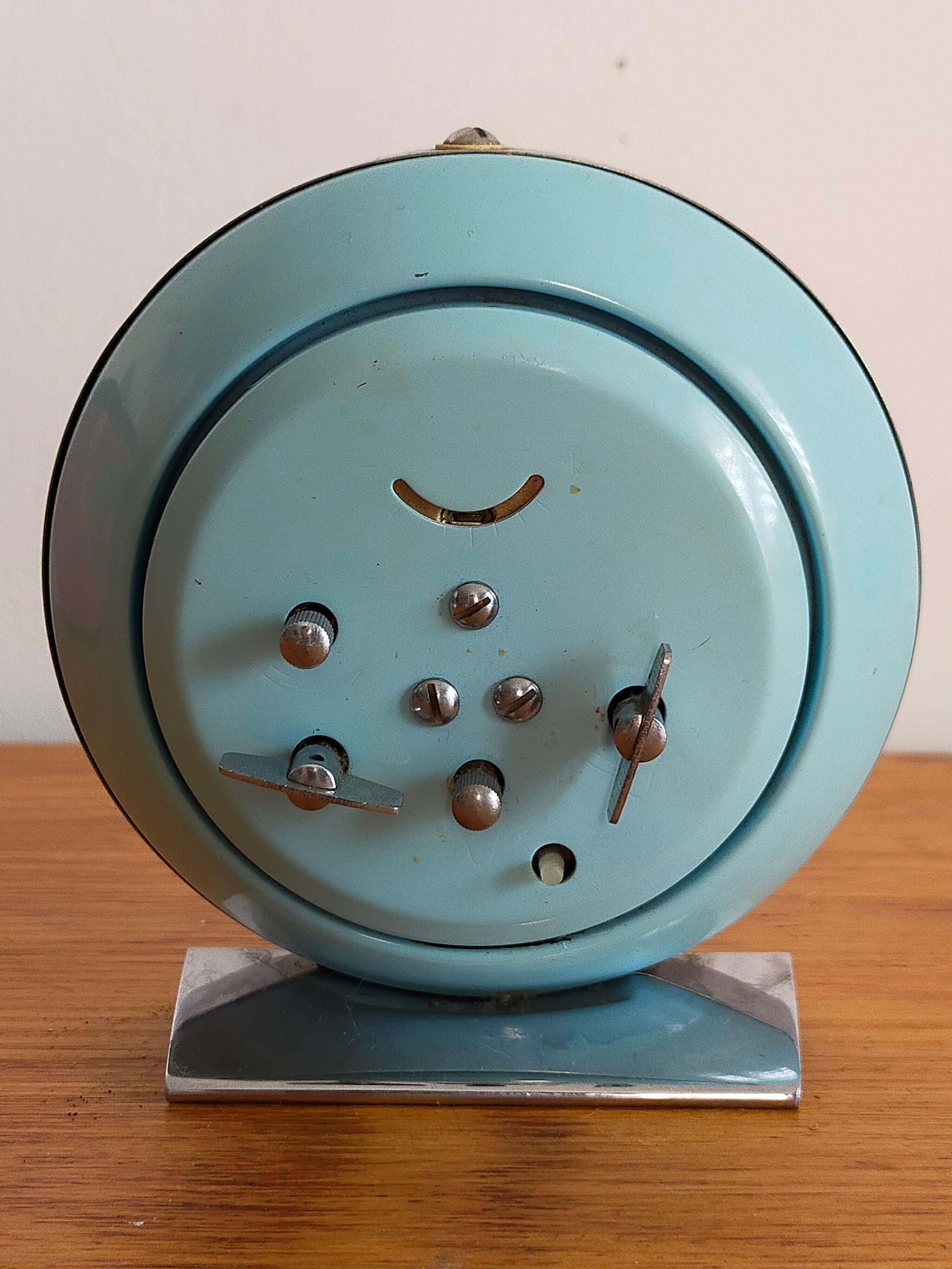 Vintage animated alarm clock in blue owl metal