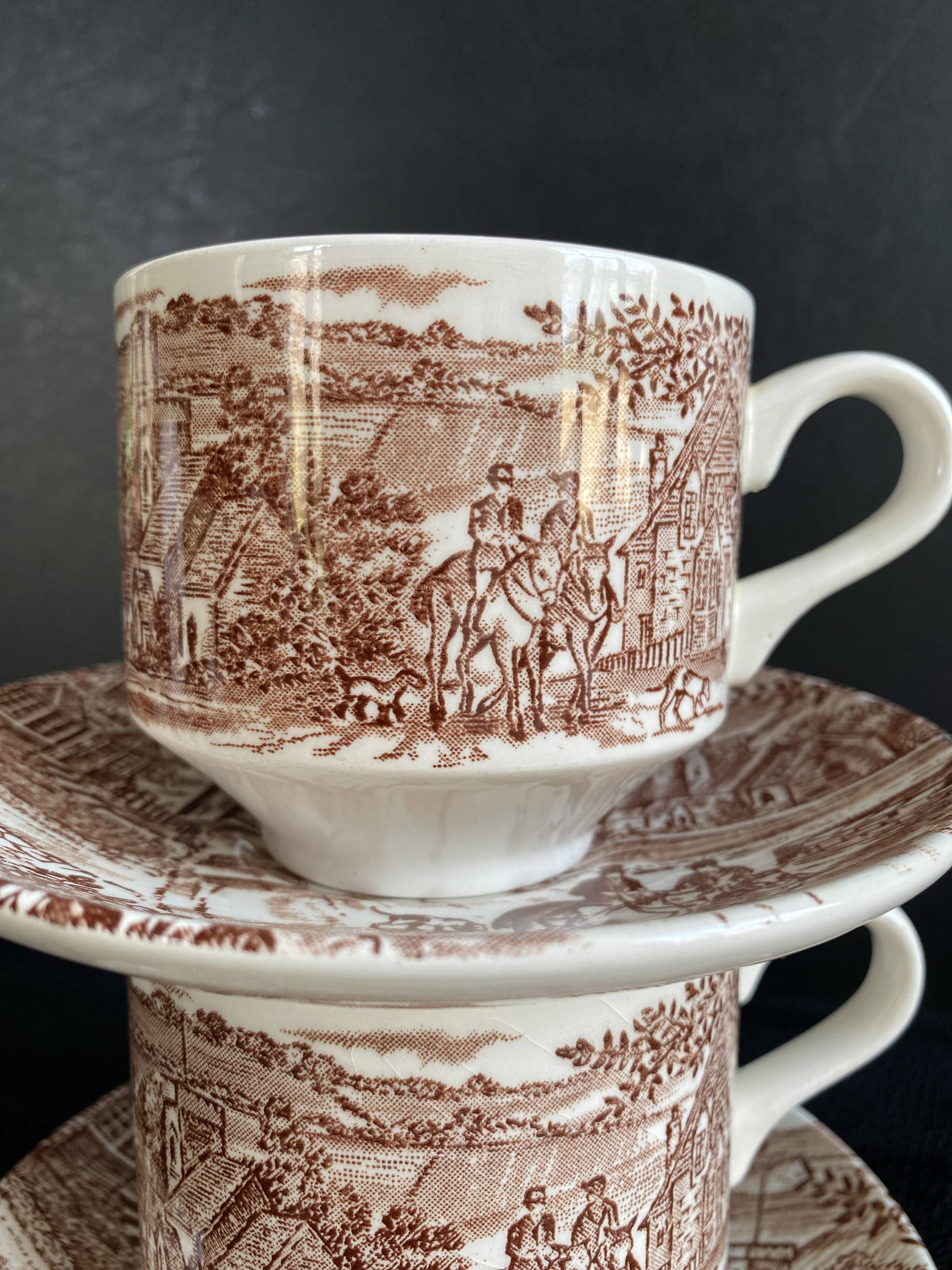 Duo of English Cups & Saucers Broadhurst Ironstone - Hunting Scene