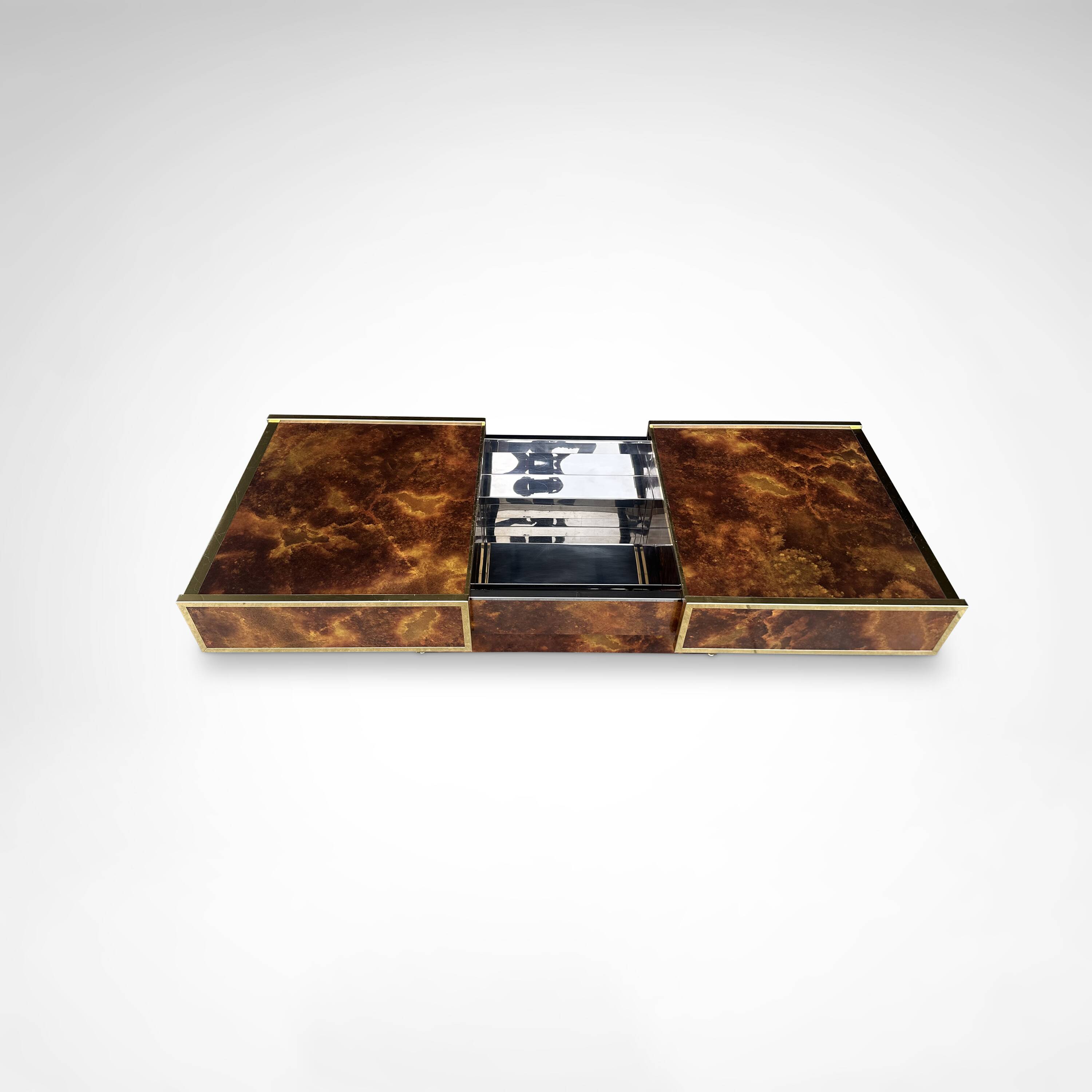 Burl wood and brass metal coffee table with integrated bar by Maison Lancel
