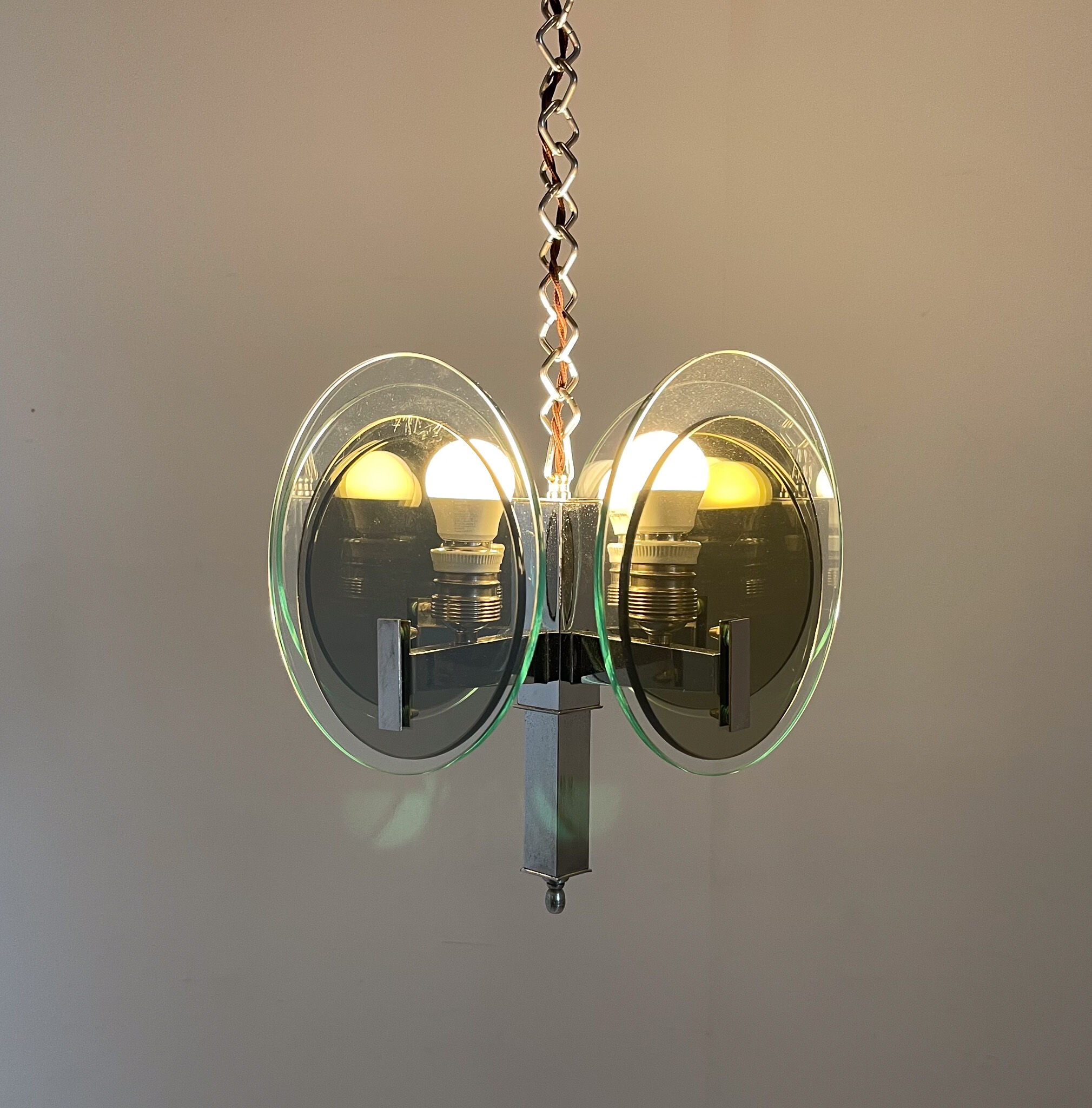 Unique art deco chrome & glass chandelier, 1920's