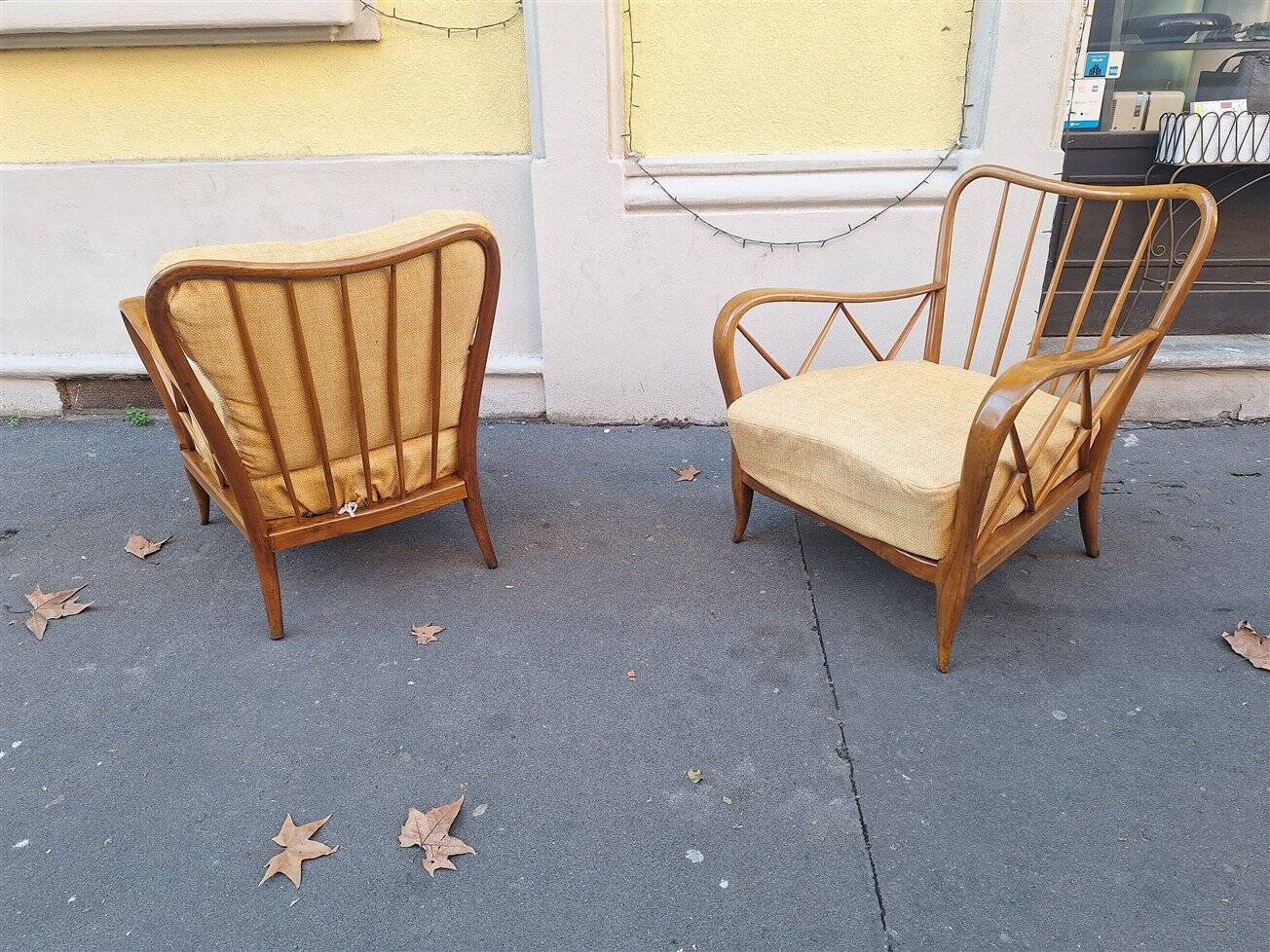 Armchairs in Wood and Yellow Fabric from Paolo Buffa, 1940s, Set of 2