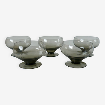 Ensemble de 5 coupes à champagne design art déco en verre fumé années 30-40