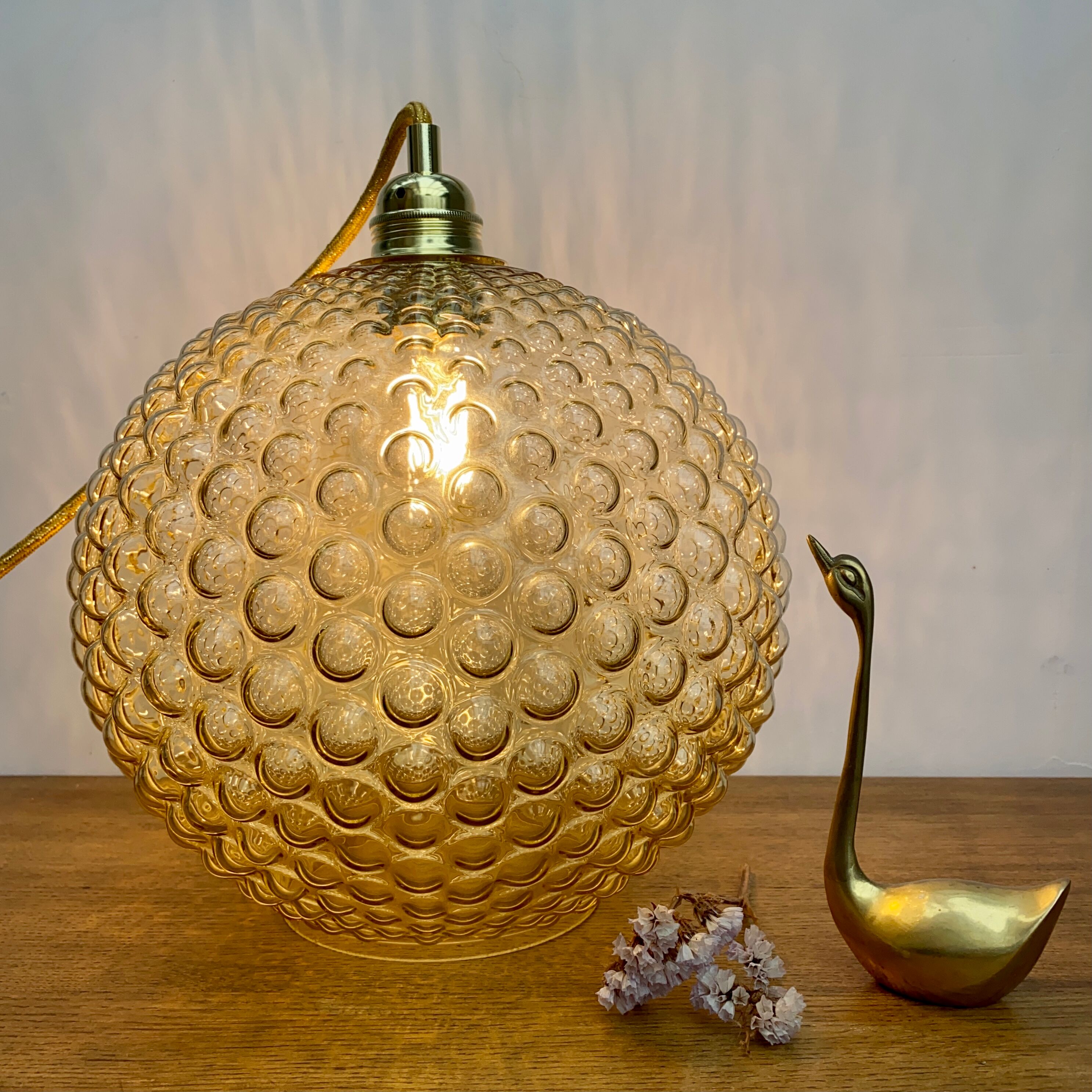 Vintage amber glass globe hanging lamp