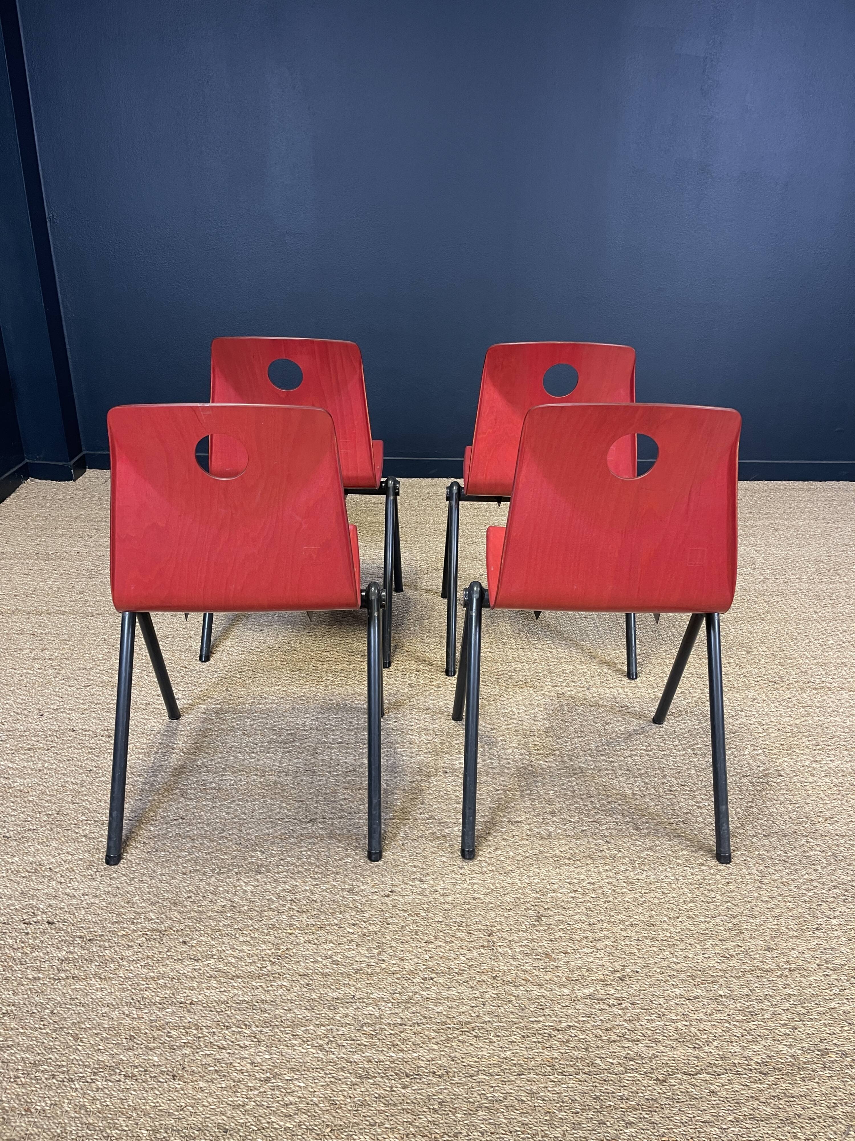 Set of 4 Galvanitas S30 raspberry red / gray steel chairs from the 70s