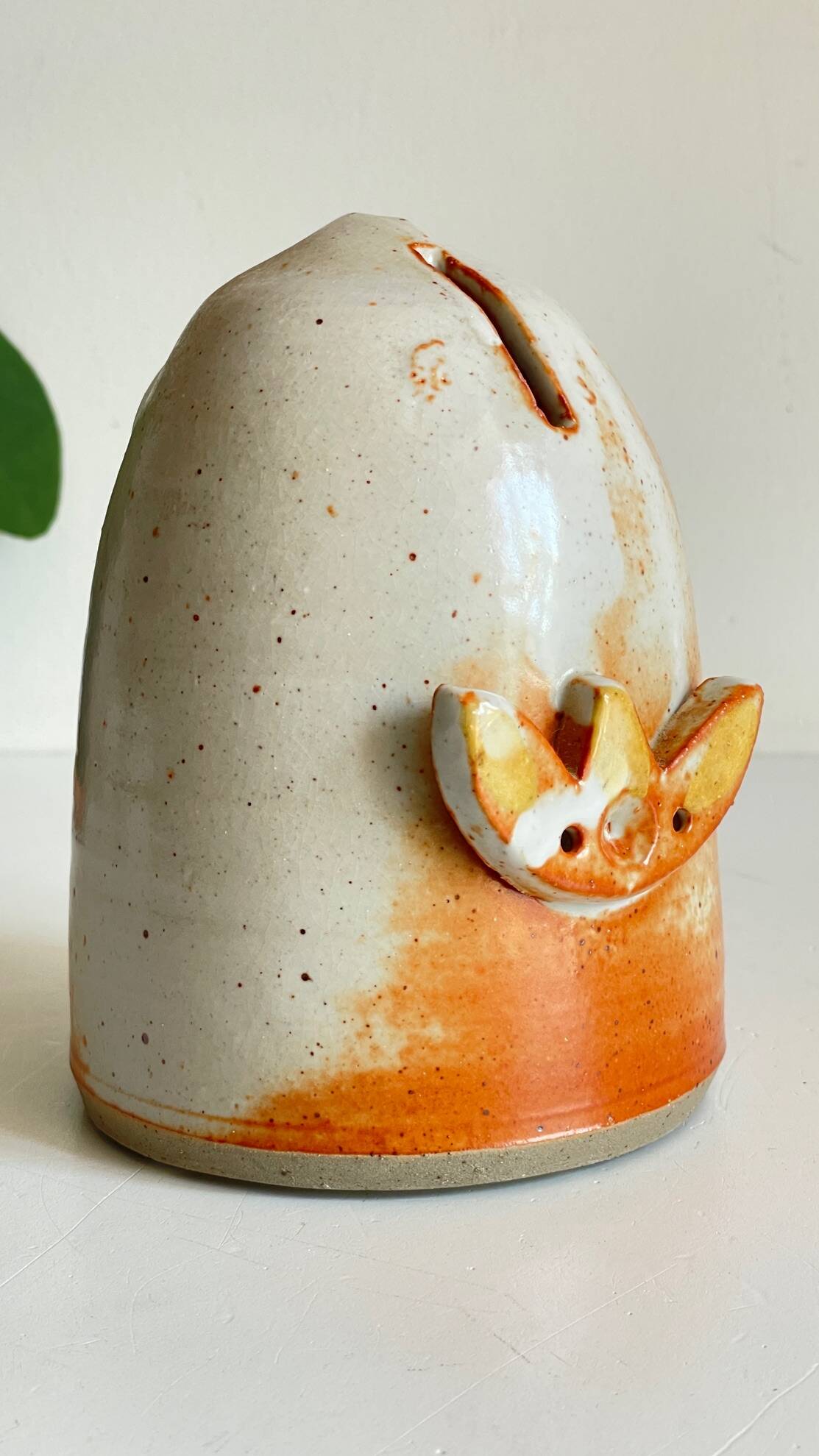 Vintage enameled stoneware owl money box