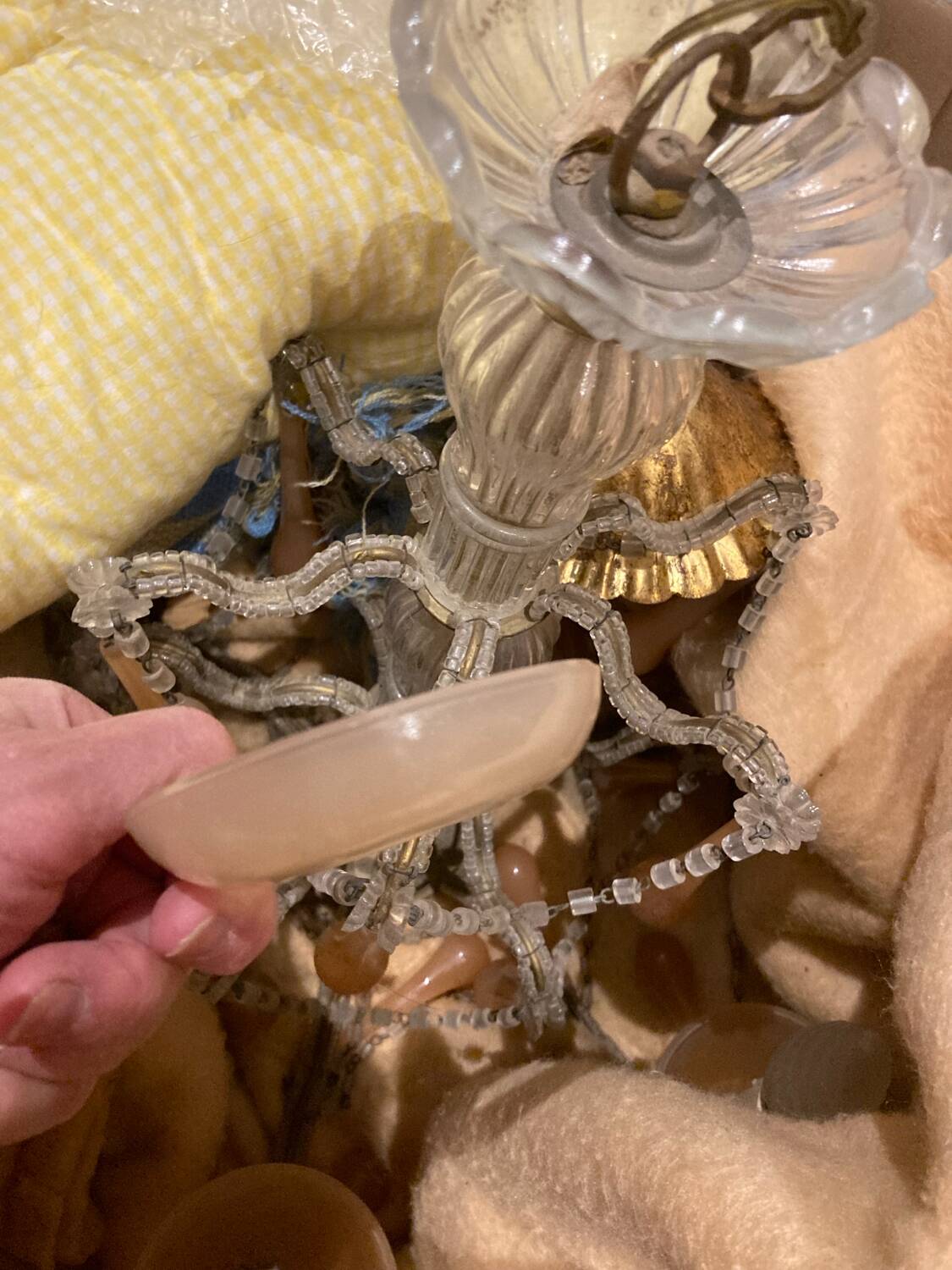 Superb antique chandelier brass/glass/Murano opal.