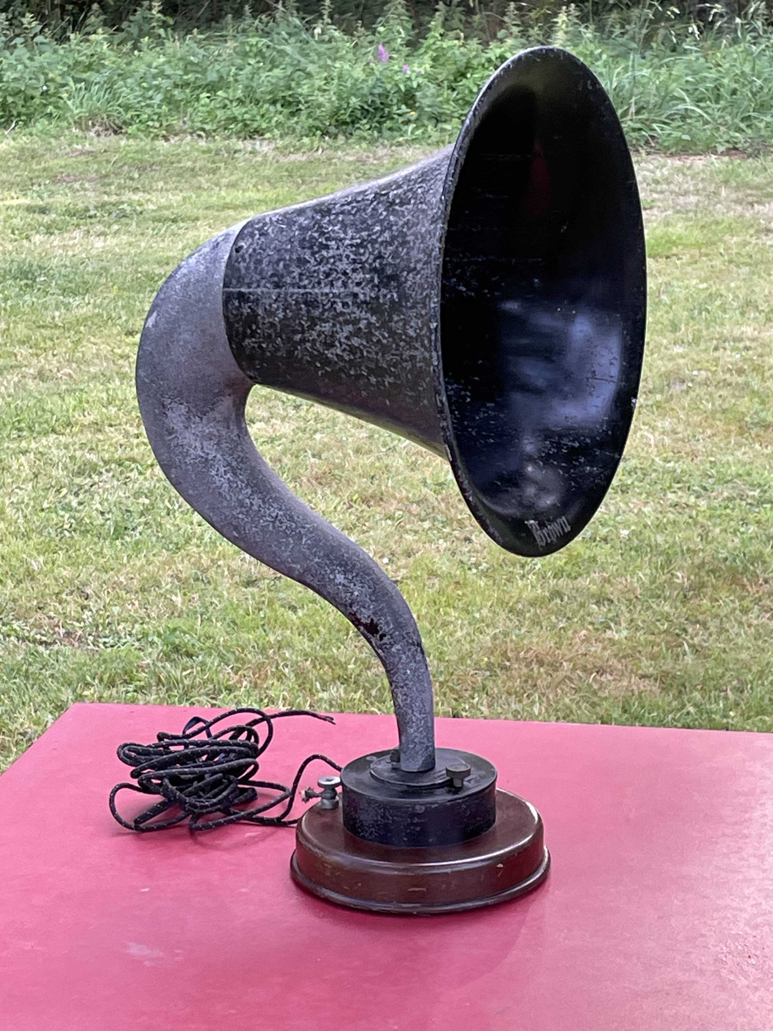 Brown, antique speaker, aluminum horn and wood, gooseneck
