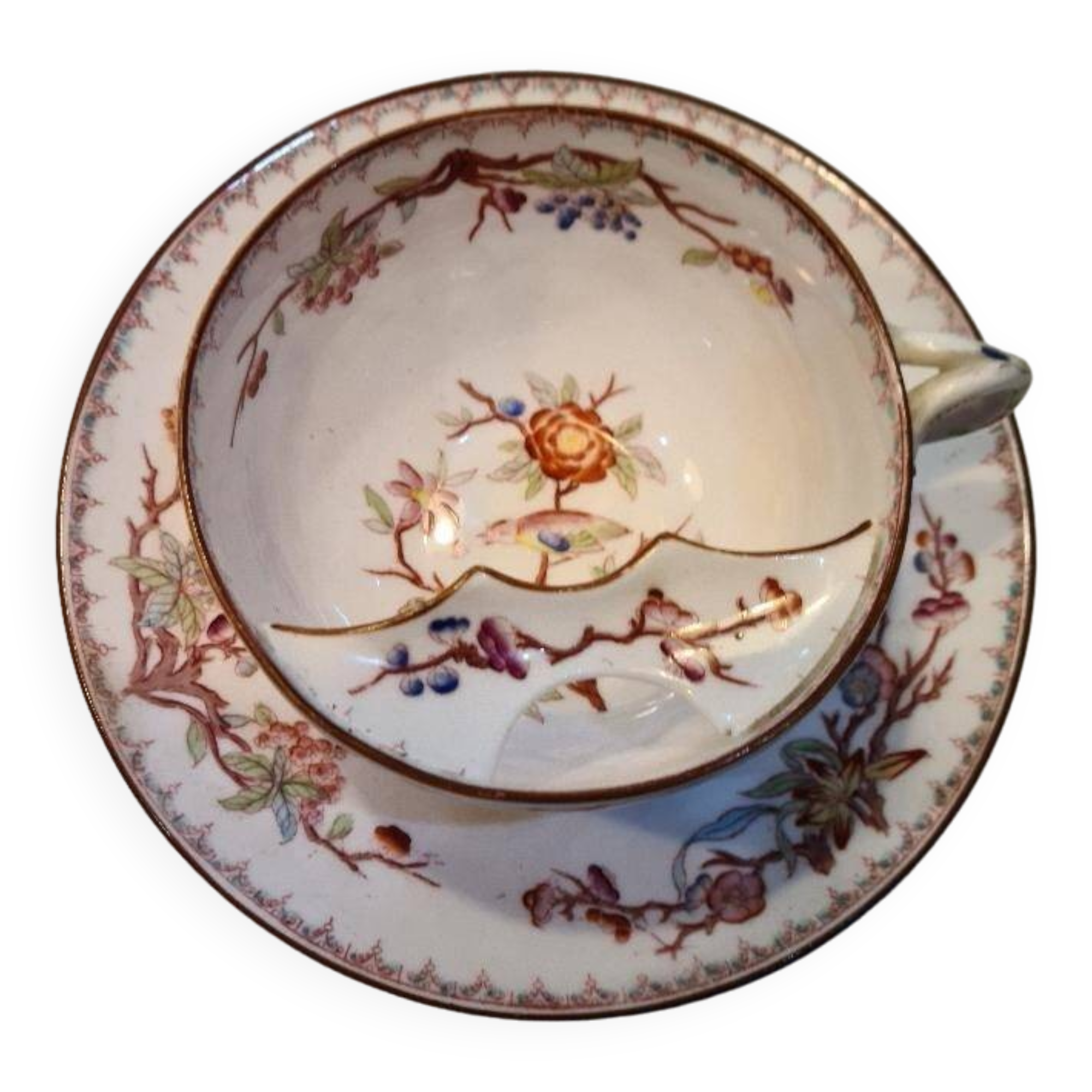 Rare mustache cup + Sargumines saucer with Fismes decoration 19th century