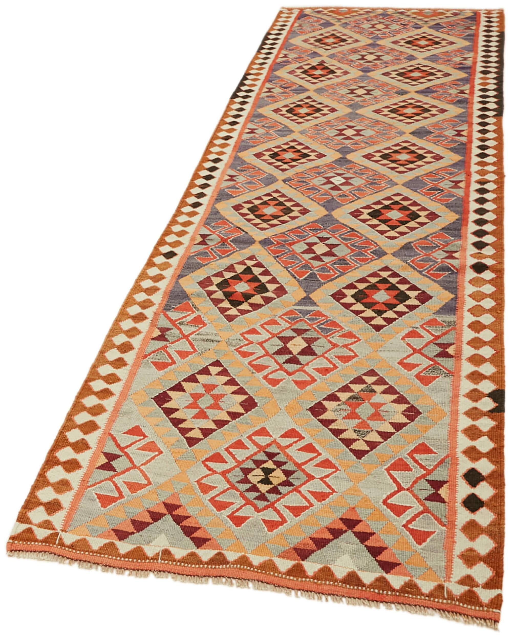 Turkish Handwoven Vintage Herki Kilim 111 cm x 350 cm