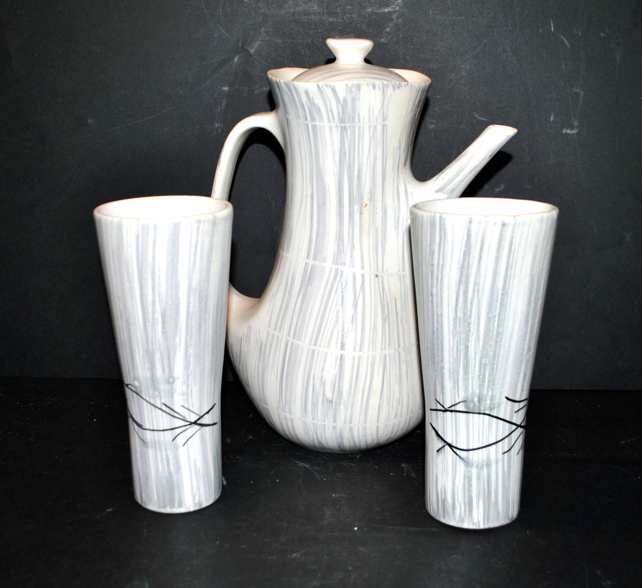 Vintage Niderviller Modernist Ceramic Coffee Pot 1960 with 2 Cups